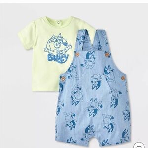 NWT Bluey Baby newborn chambray short Overalls Shirt Set blue green cotton NB